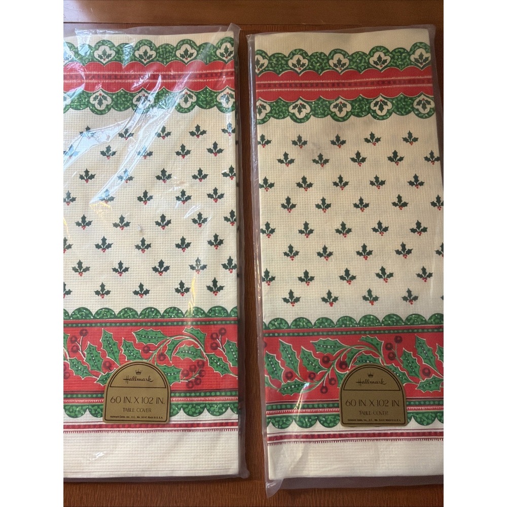 2 NOS Hallmark Christmas Paper Table Covers 60" By 102" Holly Tablecloths